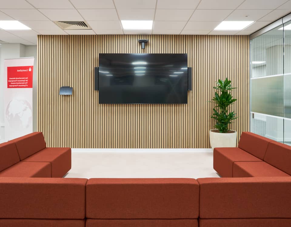 precision Cat A office fit out UK for Deutsche by Cleo London multi-purpose communal & meeting room